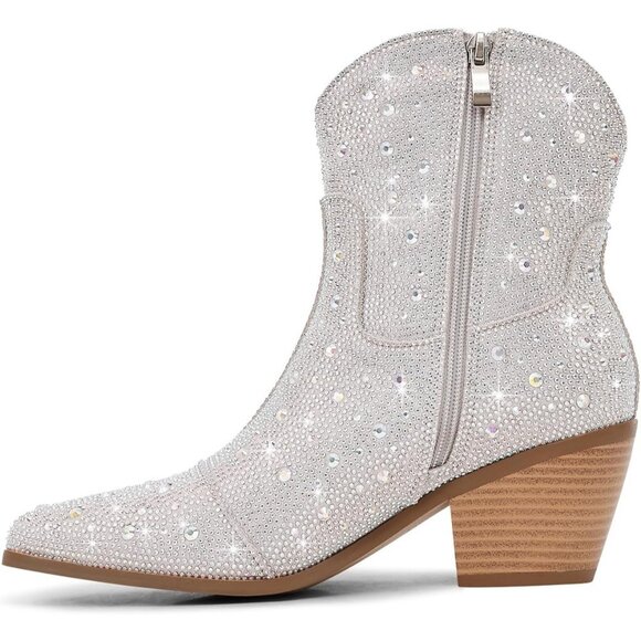 Women's Silver Comfortable Rhinestone Chunky Heel Side Zipper Boots - Picture 6 of 9